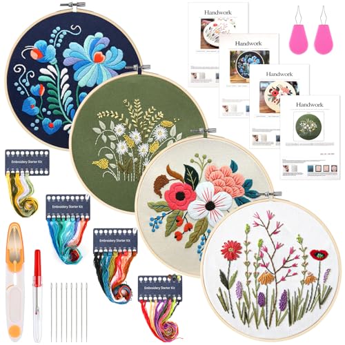 Tcbasrt 4Pack Embroidery Kit for Beginners with Pattern and Instructions Cross Stitch Kits Include 2 Embroidery Hoop 4 Embroidery Clothes with Plants