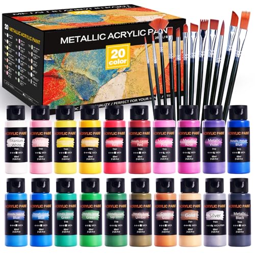 Metallic Acrylic Paint Set with 10 Brushes and 1 Palette 20 Colors  (60ml,2oz) Non Toxic Art Craft Paints for Adults, Artists, Students, Kids  Beginners