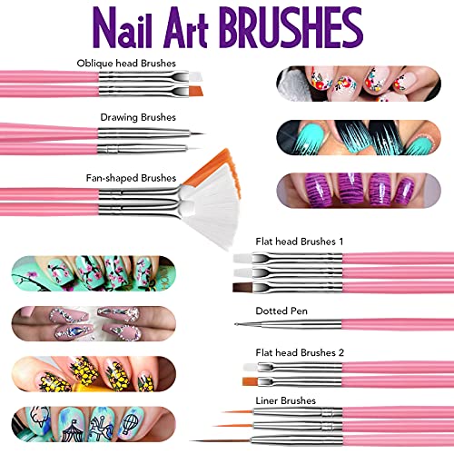 FANDAMEI Nail Art Brush, Nail Design Tools Kit with Nail Art Brushes, Nail  Dotting Tools,Fine Glitter,Nail Butterfly, Nail Heart Sequins, Foil Flakes