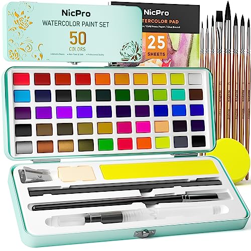 Nicpro Watercolor Paint Set, 48 Water Colors Kit with 8 Squirrel Brush