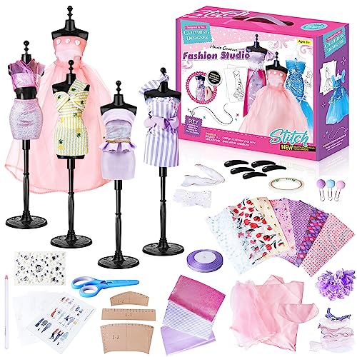 AMOPRO Fashion Designer Kit for Girls, 300PC+ Creativity DIY Arts & Crafts  Design with 2 Mannequins, Learning Toys Doll Clothes Making Sewing Kit for