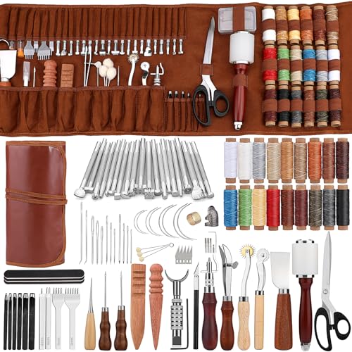 TLKKUE Leather Working Tools Leather Sewing Kit Leather Craft Tools with Storage Bag, Groover, Stitch Wheel, Waxed Threads, Awl, Needles, Manual, Leat