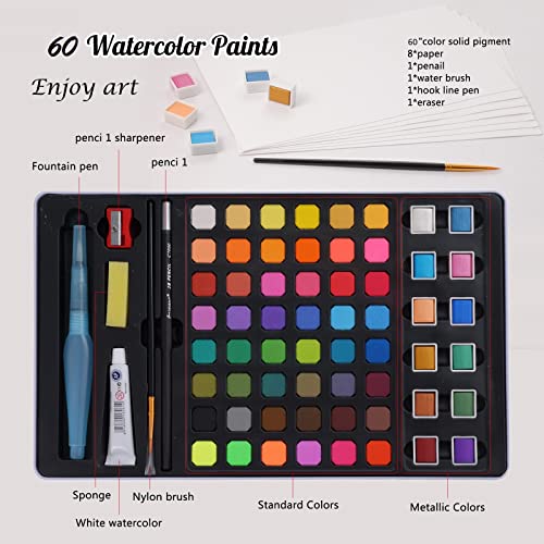 Water Color Pallet Adult, 100 Travel Watercolor Set, Watercolor Paint Set  With Nylon Brushes, Refillable Water Brush, Paper Pad, Art Sponge, Pencil 