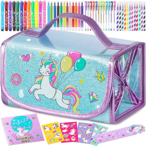 Fruit Scented Markers Set 56 Pcs with Glitter Unicorn Pencil Case &  Stationery, Art Supplies for Kids Ages 4-6-8, Art Coloring Kits Box, Gifts  Toy for Girls Age 5,7,Gel Pen,Pencil&Crayon Drawing Stuff 