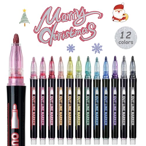 Self-outline Metallic Markers, Outline Marker Double Line Pen Journal Pens  Colored Permanent Marker Pens for Kids, Amateurs and Professionals  Illustration Coloring Sketching Card Make