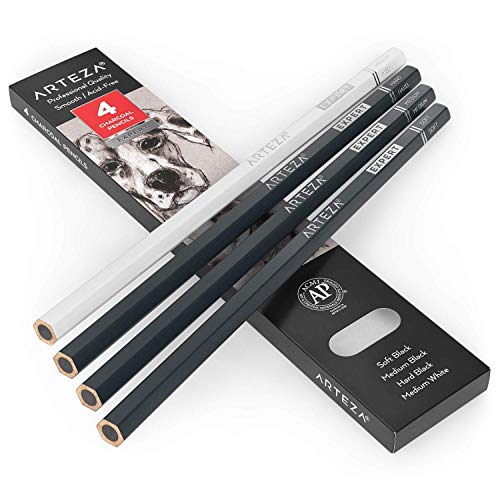 ARTEZA White Charcoal Pencils Pack of 12 Smooth Medium-Hard
