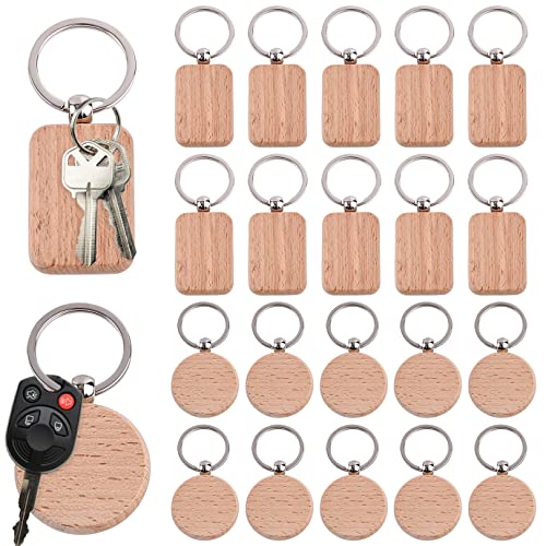 20Packs Wooden Keychain Rectangle Blanks Leather Keychain Blank Wood Walnut  With Keyring For DIY Engraving Gift Durable