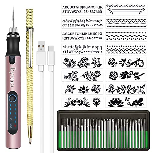 Uolor 108 Pcs Engraving Tool Kit Multi-Functional Electric Corded Micro Engraver  Etching Pen DIY Rotary Tool for Jewelry Glass Wood Ceramic Metal Plastic  with Scriber 82 Accessories and 24 Stencils Black