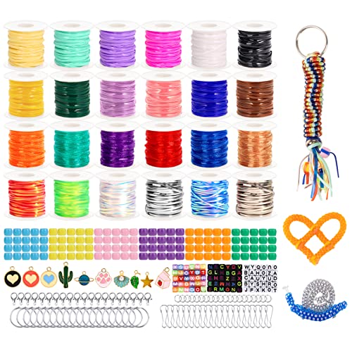 cridoz Lanyard String Kit, Boondoggle String with 25 Rolls Plastic Lacing  Cord and 50Pcs Keychain Lanyard Accessories, Gimp String Lanyard Weaving  Kit