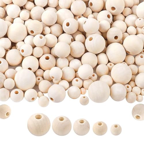 BigOtters 560PCS Wooden Beads for Crafts, Natural Round Beads 7 Sizes  Unfinished Wood Beads Bulk 25, 20, 16, 14, 12, 10, 8mm Beads for Garland  Macrame