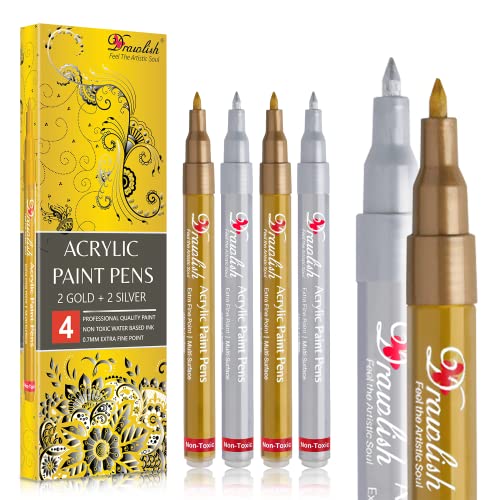 Funcils 5 Acrylic Gold Paint Pen Metallic - Gold Marker Metallic Paint for Wood, Fabric, Canvas, Leaf, Tire, Metal, Glass - Gold Paint Pen Fine Tip