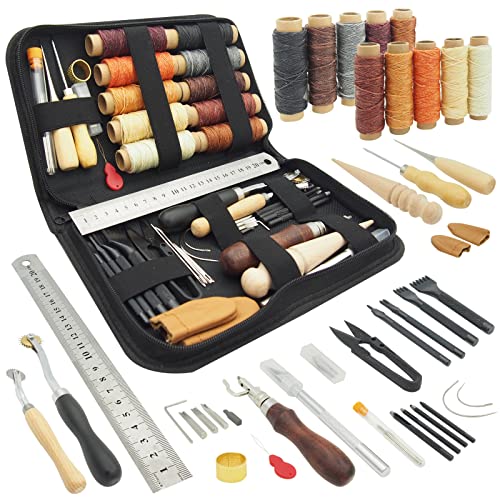 ilauke Leather Sewing Kit - 31 Pcs Leather Working Tools Upholstery Repair Kit with Waxed Thread, Leather Stitching Kit for DIY/Beginner Leather