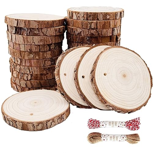 JEUIHAU 8 Pcs 8-9 Inches Natural Wood Slices, Unfinished Predrilled Wooden Circles Tree Bark Slice, Blank Wooden Log Circles for DIY Crafts, Arts