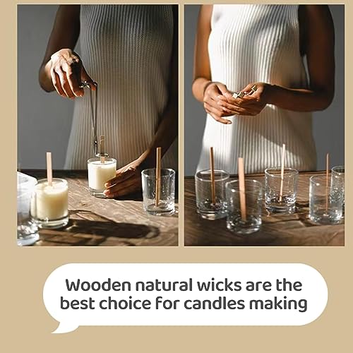 Ziosxin 50pcs Set Thicken Smokeless Cherry Wood Candle Wicks-Long Lasting Flame-Easily Burn,Natural Candle Cores with Stand and Glue Dot,Candle Wicks