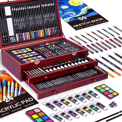 Art Set 85 Piece with Built-in Wooden Easel, 2 Drawing Pad, Art Supplies in  Portable Wooden Case-Painting & Drawing Set Professional Art Kit