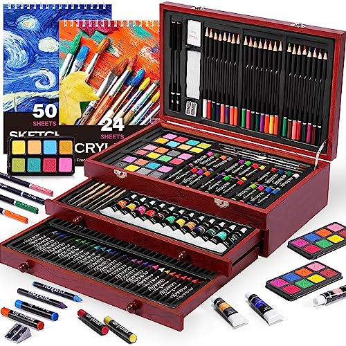  175 Piece Deluxe Art Set with 2 Drawing Pads, Acrylic  Paints,Crayons,Colored Pencils,Paint Set in Wooden Case,Professional Art Kit ,Art Supplies for Adults,Teens and Artist,Paint Supplies