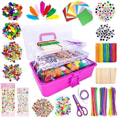 Jumbo Arts & Crafts Kit Suitcase - 2,100+ Pieces Pompoms, Craft Sticks,  Pipe Cleaners, Scissors, & More in Large Craft Box - Art Supplies Set for