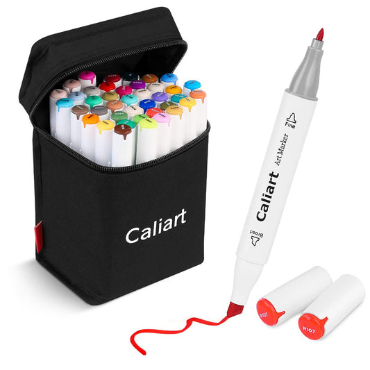 Caliart Pastel Markers, 61 Colors Fine and Chisel Dual Tip Alcohol Markers,  Sketch Pens Permanent Art Markers Set, with Case for Artist Adult Kids