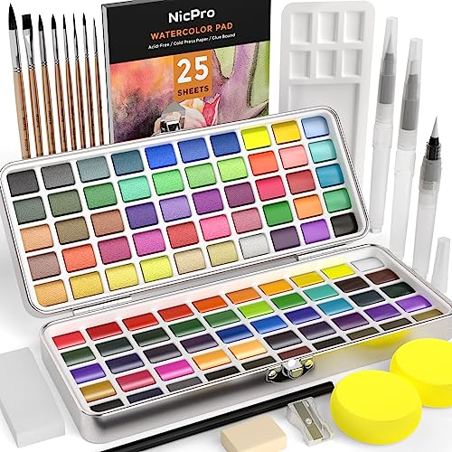 Nicpro Watercolor Paint Set, 48 Water Colors Kit with 8 Squirrel Brush