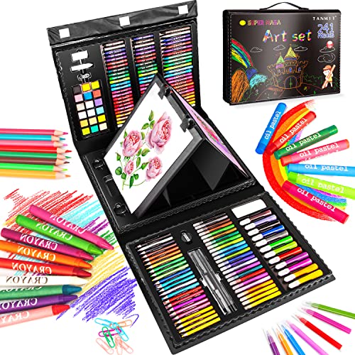  Artenjoyfine Art Supplies 208 PCS with Sided Trifold  Easel,Including Colour Cakes,Colored Pencils，Drawing Painting Gifts Kit for  Kids 5-12(Z-M208Pink)