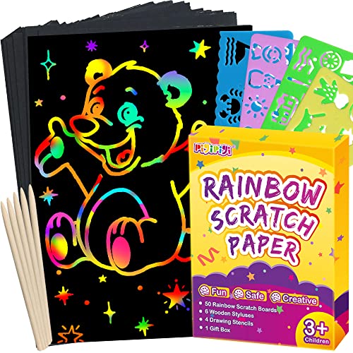  MDCGFOD Rainbow Scratch Paper for Kids, Scratch Art Crafts  Supplies for 3 4 5 6 7 8 Year Old Girls Boys Magic Drawing Set for Birthday  Gift Party Favors Children's Activities