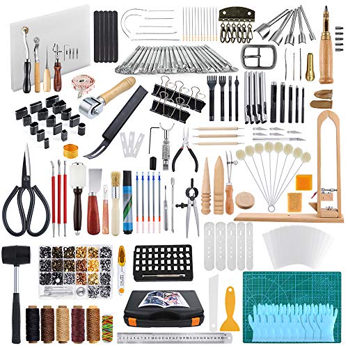 ZMAAGG 328pcs Leather Tooling Kit, Leather Kit with Manual, Leather Working Tools and Supplies, Leather Stamp Tools, Stitching Groover and Rivets Kit