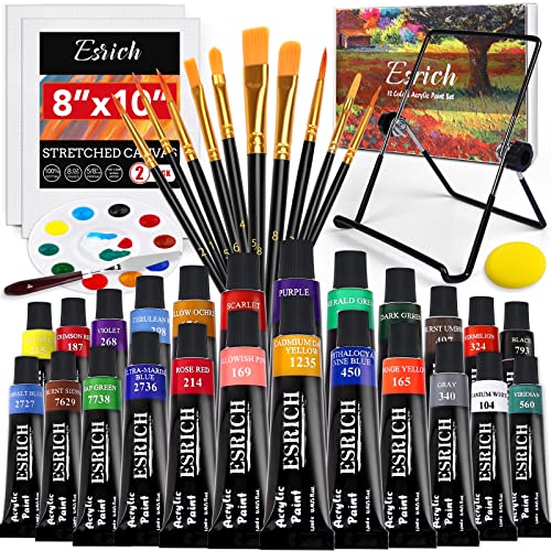 ESRICH Acrylic Paint Canvas Set,52 Piece Professional Painting Supplies Kit  with 2 Wood Easel,2 * 12Colors,2 * 10 Brushes,Circular Canvas Etc,Premium