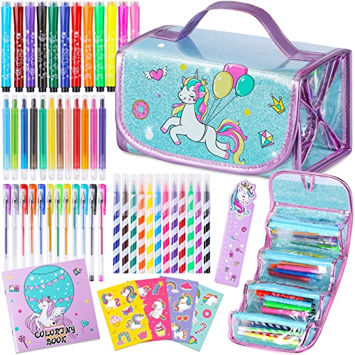 yasest Washable Kids Markers Set - 66Pcs Coloring Markers Kit for Kids Ages  4 5 6 7 8 8-12 with Mermaid Pencil Case, Markers and Crayons, Glitter Gel