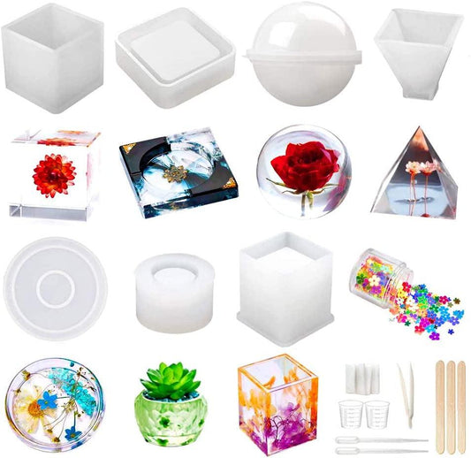 Silicone Resin Molds Kit 26PCS, Epoxy Molds, Large Casting with 12 Glitter  Sequins for UV Casting, Including Sphere, Cube, Pyramid, Square, Coaster