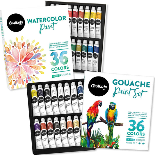 Chalkola Acrylic Paint Set for Adults & Kids - 56 Pcs Canvas Painting Kit with 32 Paints (22ml), 10 Brushes, 10 Canvases, Tabletop Easel, Palette, Kni