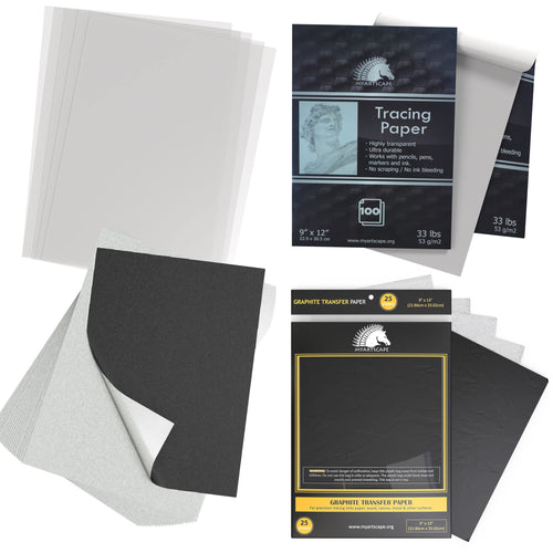 MyArtscape Art Supplies - Artist Quality Graphite Transfer Paper - 9 x 13  - 25 Sheets - Waxed Carbon Paper - with Tracing Paper Pad - 33lb - 9 x 12  - 100 Transparent Sheets – WoodArtSupply