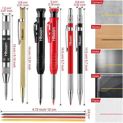 Hiboom Carpenter Pencil Set, 6 Pieces Long Nosed Deep Hole Tip Mechanical  Hole Marker with Built in Sharpener and 36 Pcs 2.8 mm Refills for