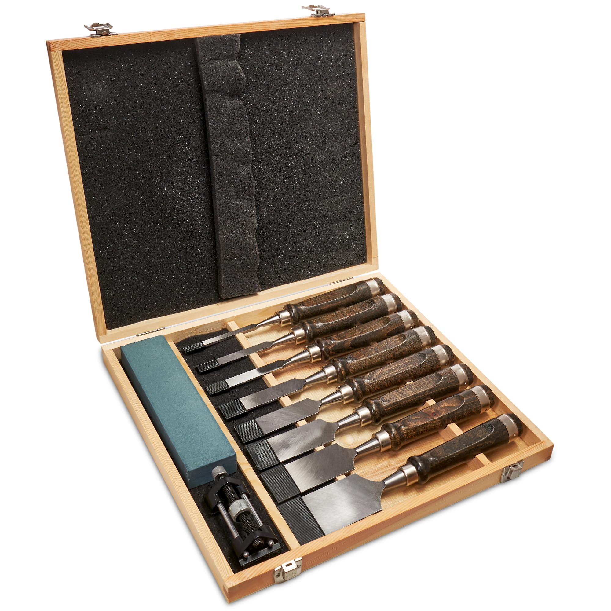 8pc Wood Chisel Set With 2 Sharpening Stone Walnut Handles and wooden Case