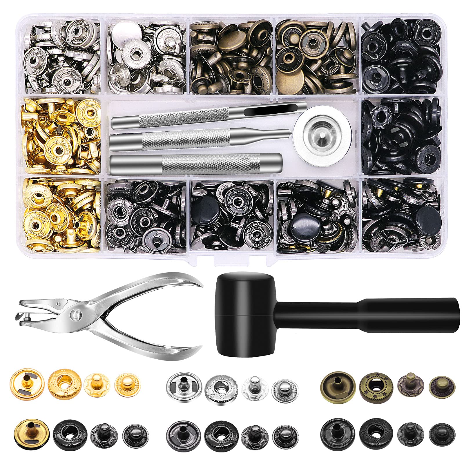 Yizzvb 320 Pcs Leather Rivets Kit, 60 Pcs Leather Snap Fasteners, 2 Size  Leather Rivets Double Cap Rivet Kit, Double-Sided Nylon Hammer, 5 Pcs