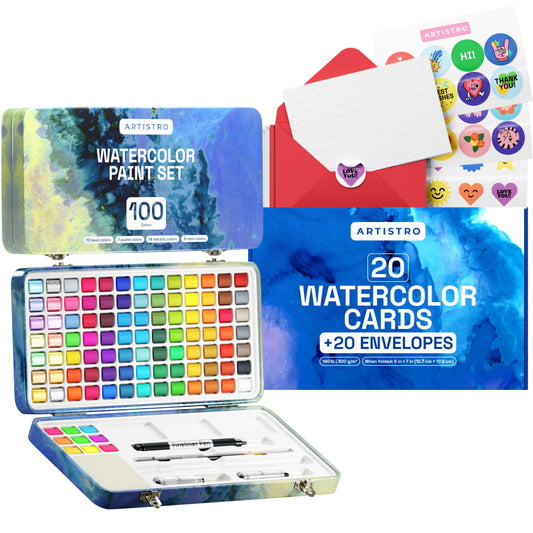  ARTISTRO x HANNAH M.P Watercolor Paint Set Limited Edition - 24  colors in Bamboo Wooden Box (6ml XL Pans) - 2 Brushes, Watercolor Paper,  Mixing Tray - Travel Watercolor Set for