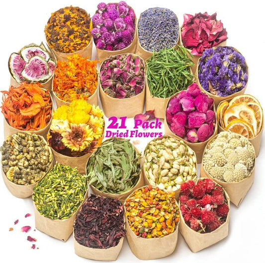 9 Bags Dried Flowers,100% Natural Dried Flowers Herbs Kit for Soap Making,  DIY Candle Making,Bath - Include Rose Petals,Lavender,Don't Forget