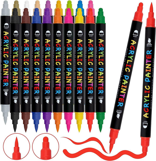 Acrylic Paint Markers,12 Colors Dual Tip Acrylic Paint Pens Paint Mark –  WoodArtSupply