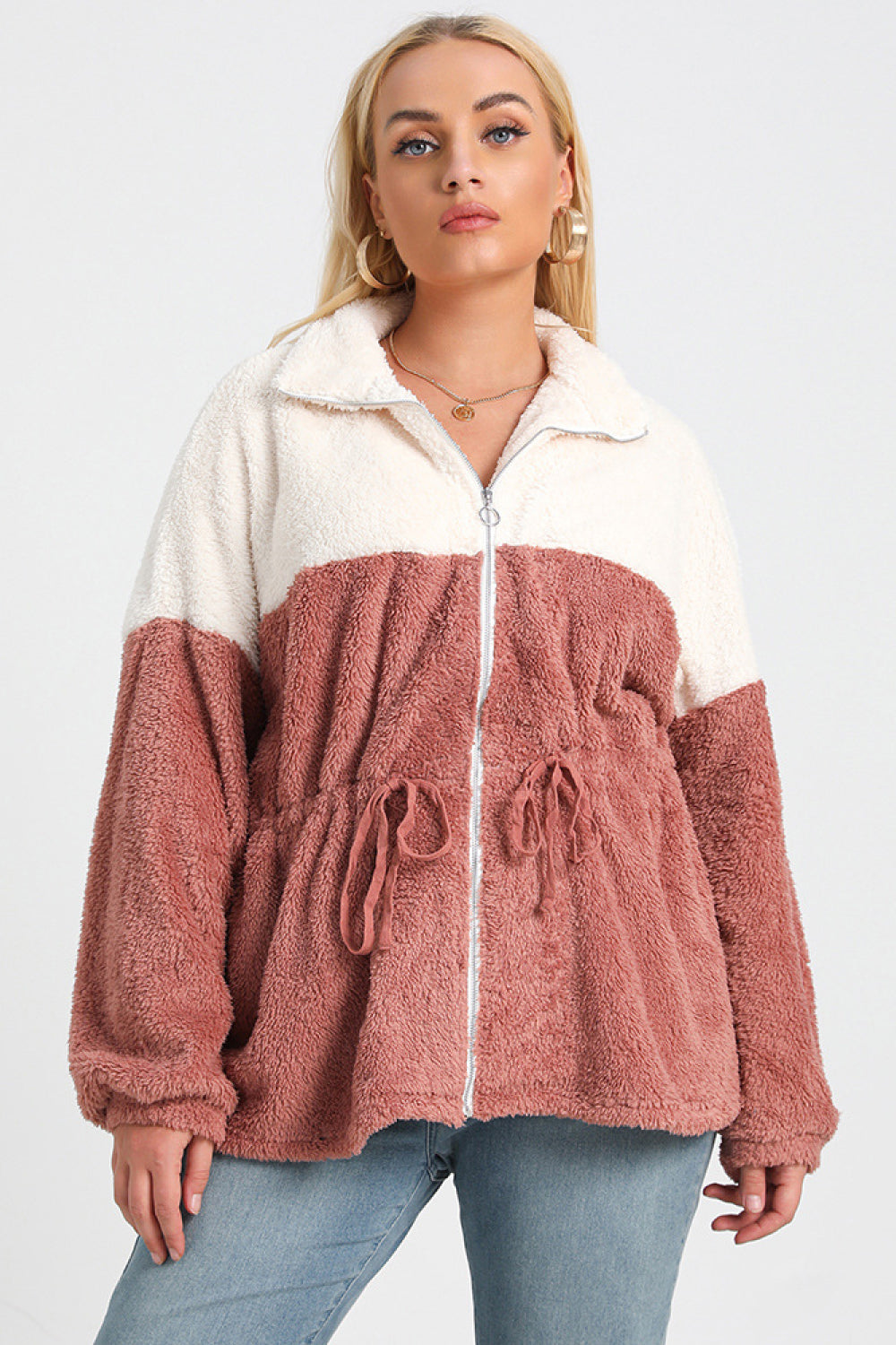 Plus Size Color Block Zip Up Fleece Jacket