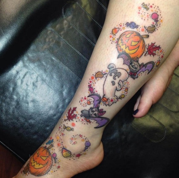 Halloween tattoo on leg