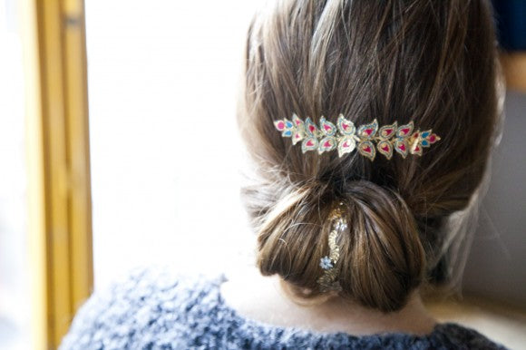 pink green golden hair pin tattoo