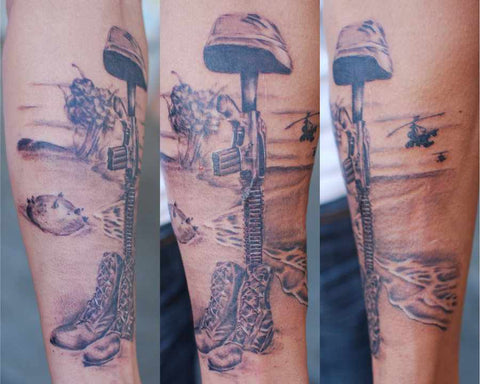 military memorial boots rifle helmet tattoo