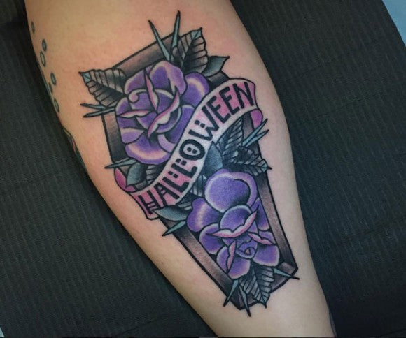 Floral coffin tattoo by Jenn Siegfried