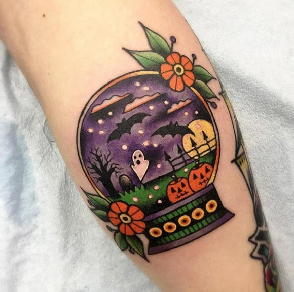 Halloween snow globe tattoo by Shannon Pagliarini