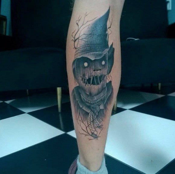 Scarecrow calf tattoo by Rodrigo Speck