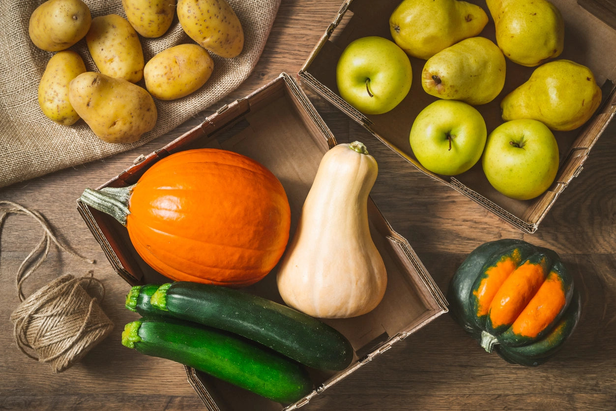 Fall fruits and vegetables for baby-led weaning, including potatoes, pears, and squash.