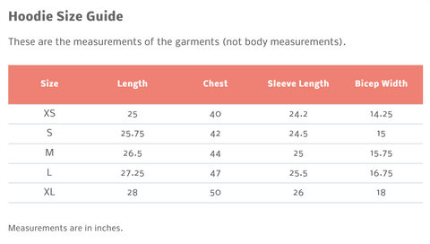 Adult Hoodie Size Chart