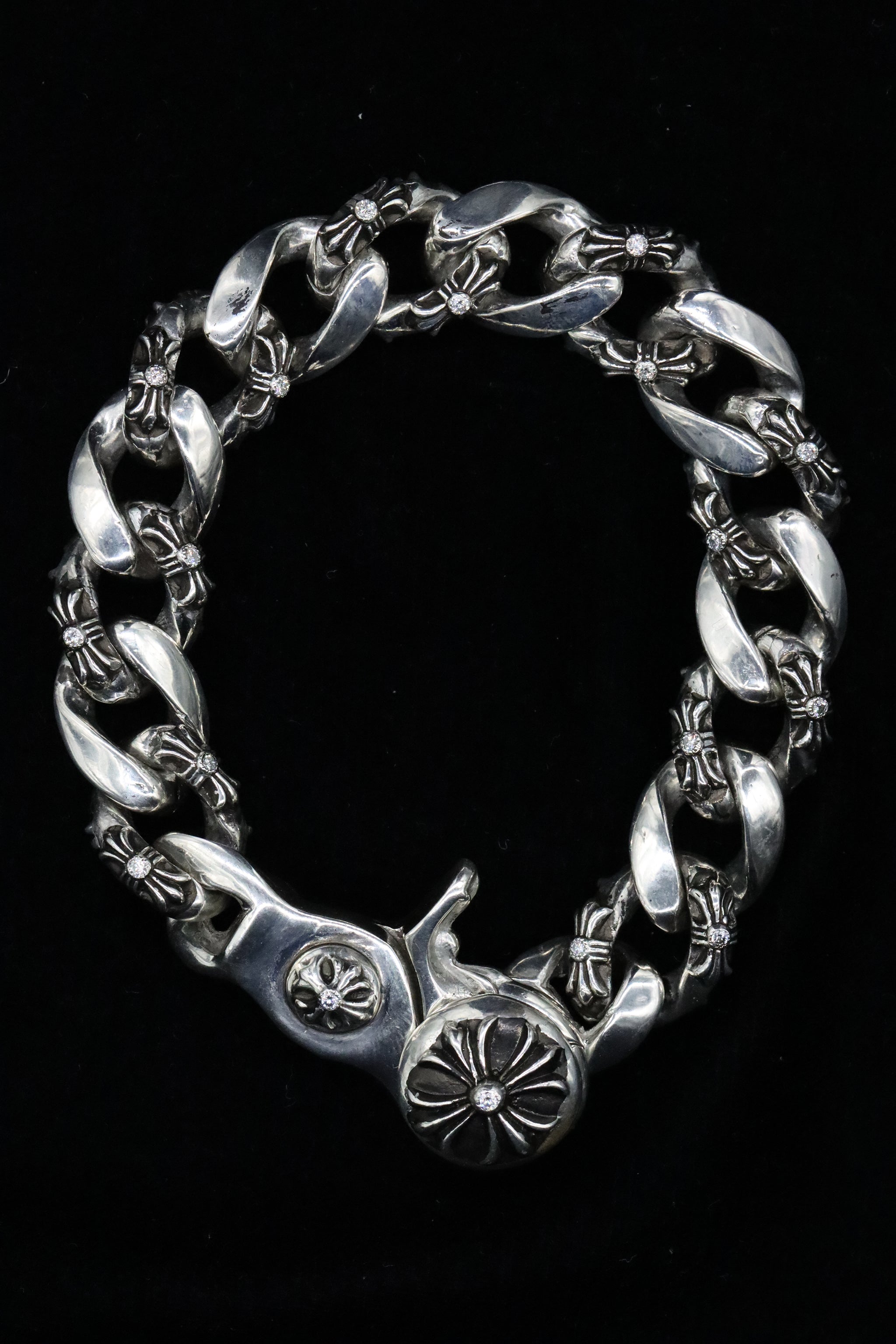 Authentic Chrome Hearts Fancy Bracelet in Sterling Silver custom set in VS1 Diamonds on links and clasps - Resurrecshionresell product image