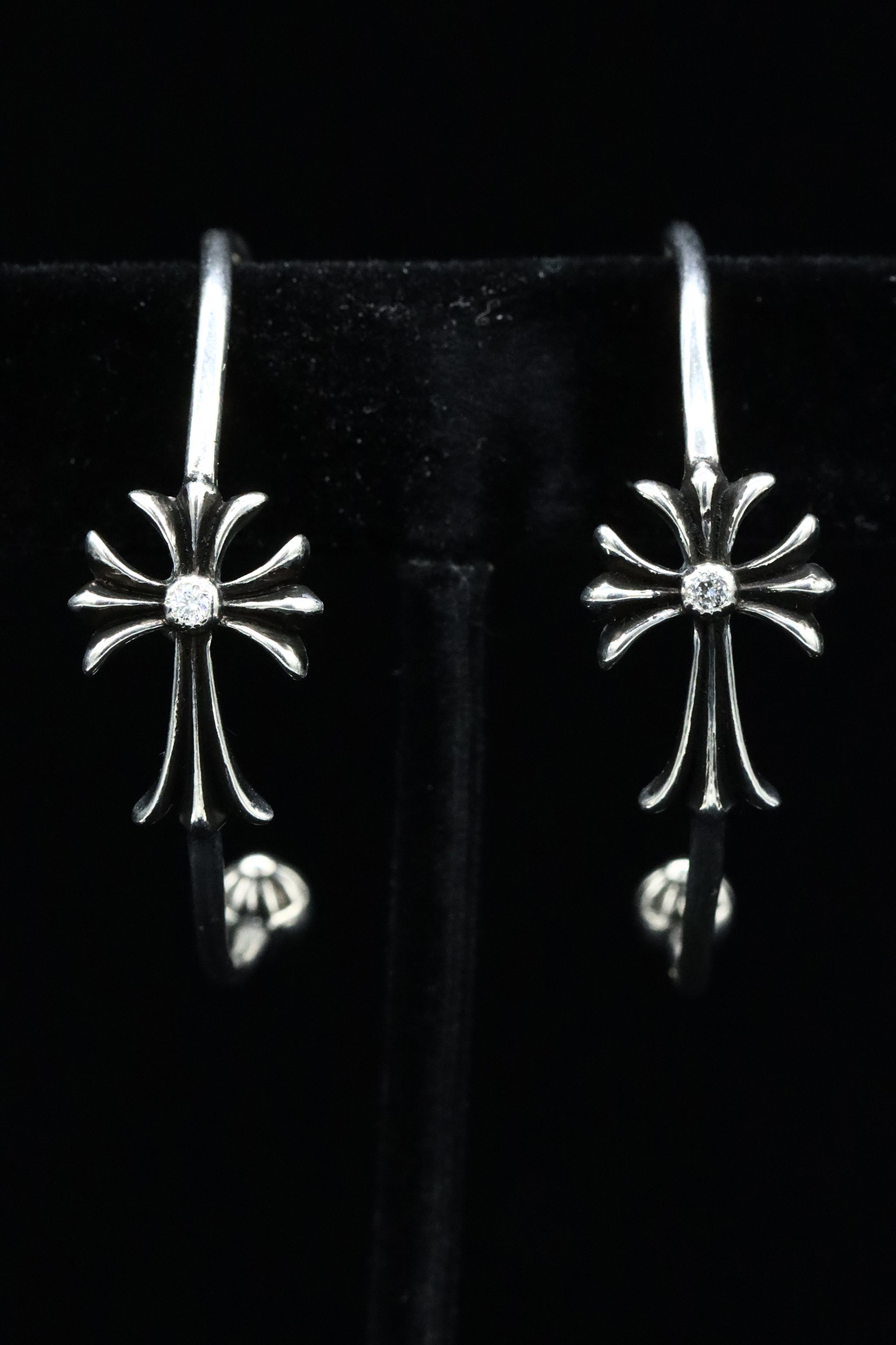 ***SOLD*** Authentic Chrome Hearts Skinny Tiny Cross Hoop Pierce in Sterling Silver with VS1 Diamonds - Resurrecshionresell product image