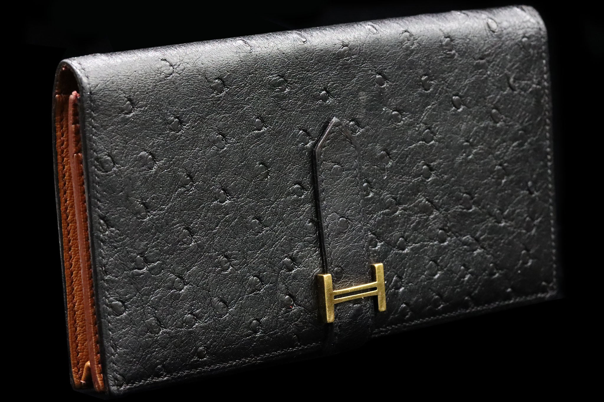 ***SOLD*** Hermes Bearn Classic Ostrich Leather Bifold Wallet Long Purse in Black/Brown - Resurrecshionresell product image