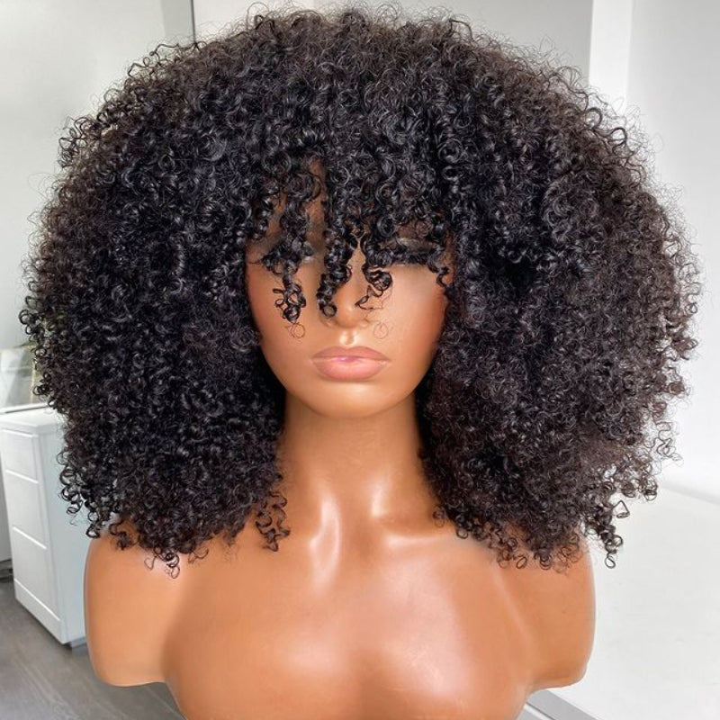 Glueless Afro Kinky Curly Wig With Bang 4x4 Closure Lace
